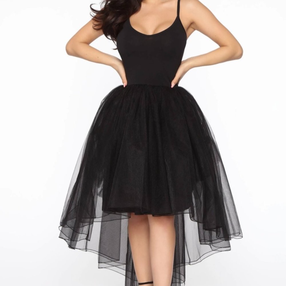 Black tulle dress sleeveless hi-low hem